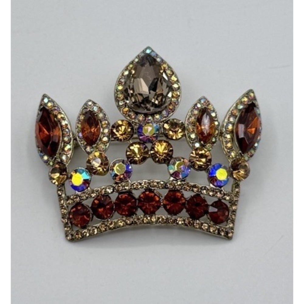 Gold Tone Crown Brooch Pin Brown Aurora Borealis Rhinestone Vtg